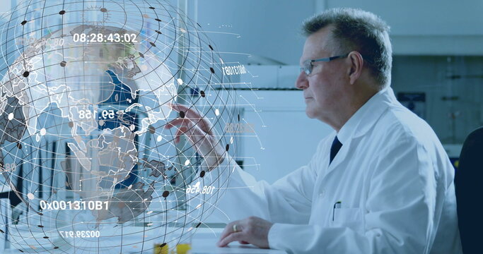 Reaching scientist in lab coat interacting with holographic globe in research lab, copy space