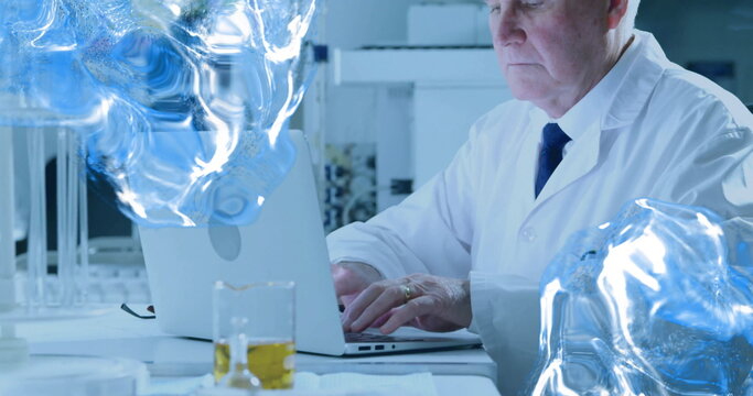 Typing scientist in lab coat examining laptop screen in lab, holographic brain scan, copy space - Powered by Adobe