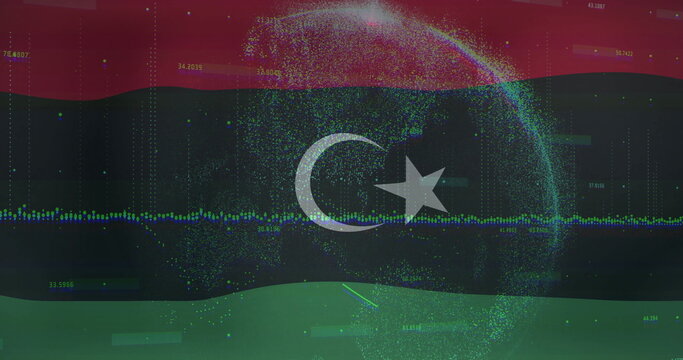 Naklejki Point-cloud globe floating over Libya flag backdrop, with waveform numeric overlays and grid lines