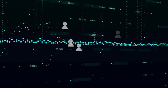 Displaying teal data points trend line moving on screen, with grey user icons, numeric labels