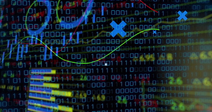 Displaying monitor showing binary code on trading dashboard, with chart bars and X markers