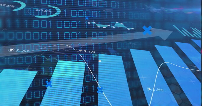 Displaying blue bars rising at center on digital dashboard, with binary code and white line graph