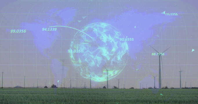 Displaying holographic globe showing numeric data flows over grass field with wind turbines, towers