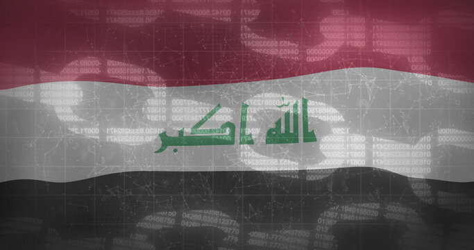 Naklejki Displaying Iraqi flag with Kufic script in digital backdrop featuring code and circuit lines