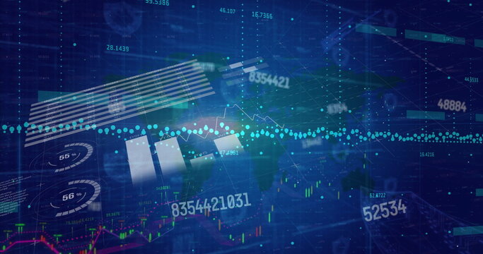 Visualizing financial data on futuristic dashboard, with bar and line charts and numeric overlays
