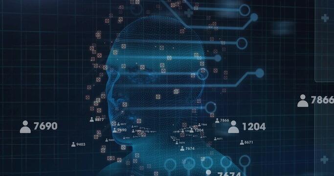 Emerging wireframe human head on blue grid interface, with user silhouette icons and circuit lines