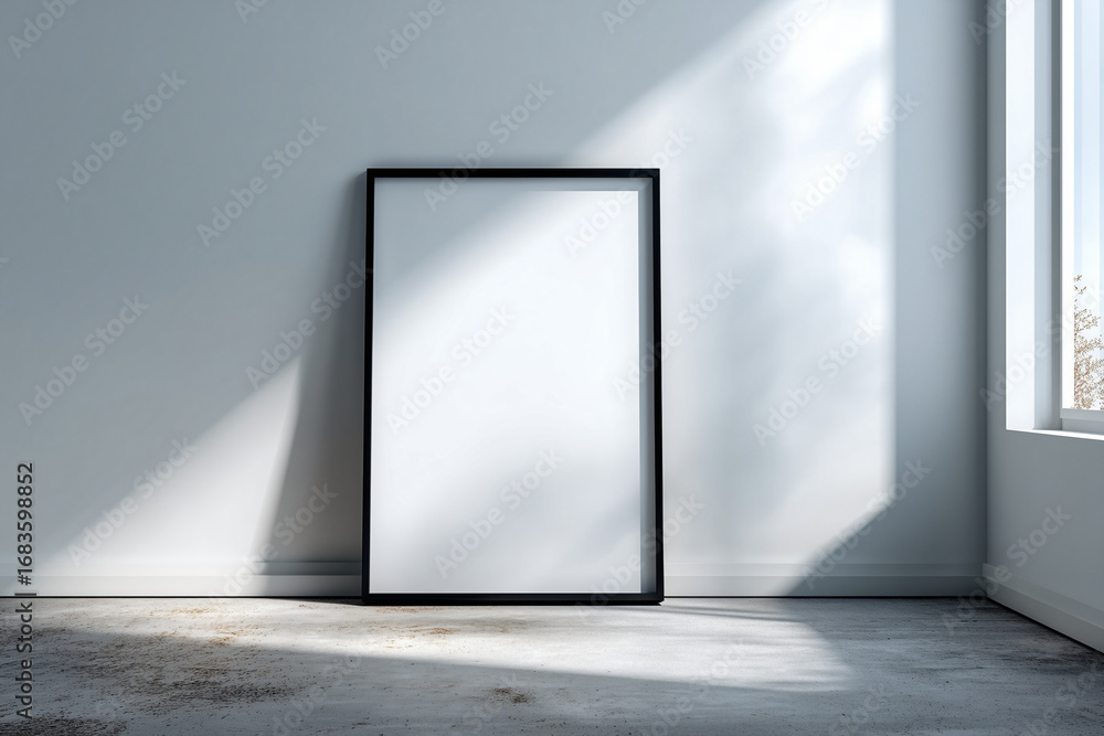 Poster empty picture frame leaning against wall, waiting for art. the frame is minimalistic design with a d