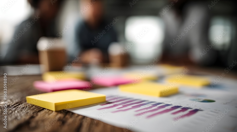 Aufkleber a close up view of sticky notes and charts on a wooden table during a blurred team brainstorming ses