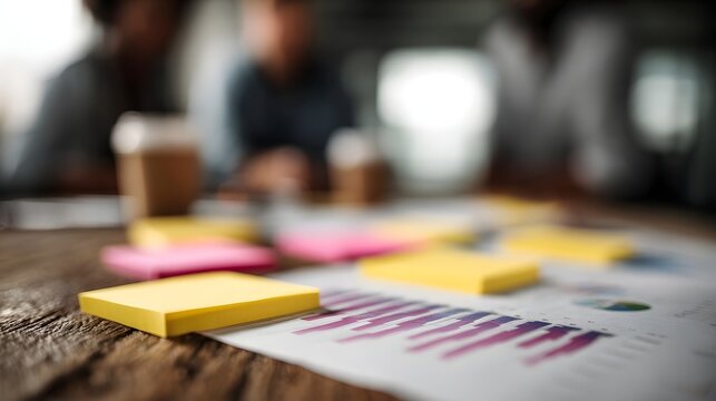 A close up view of sticky notes and charts on a wooden table during a blurred team brainstorming session