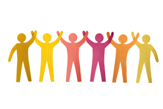 A row of paper cutouts of people, linked arms, various shades of warm color