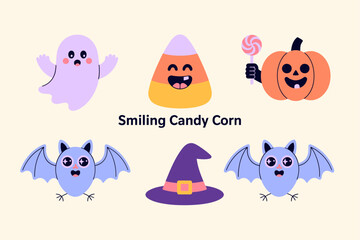 Smiling candy corn banner, friendly ghost and pumpkin, bat with wings and witch hat, soft beige background, kawaii halloween composition, vector illustration, web header, sticker elements