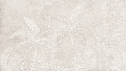 A beige textured surface featuring embossed tropical palm leaves and botanical patterns, creating a subtle decorative stone-like background. © kartik