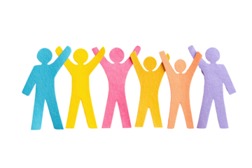 Colorful paper cutouts of people, arms raised, in a row