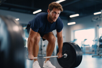 A strong man deadlifting in a modern gym, showcasing his physical strength and focus