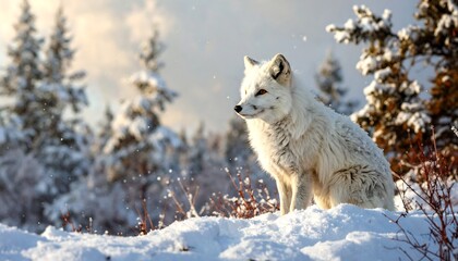 Obraz premium A serene arctic fox sits amidst a snowy landscape, bathed in the soft sunlight of a winter day.