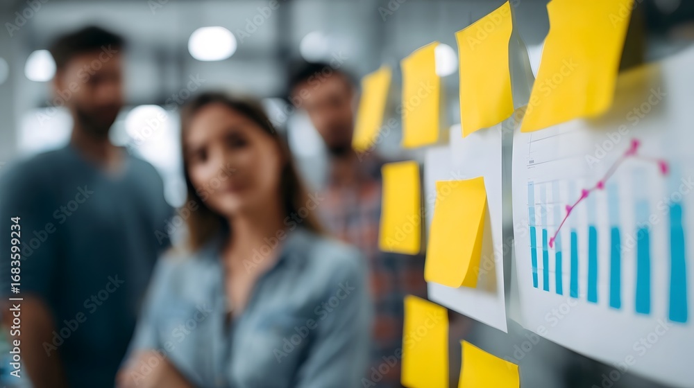 Poster blurred business team collaborating on strategic planning analyzing finance charts and brainstorming