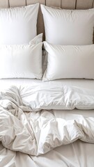 Obraz premium Four pristine white pillows rest atop a bed with rumpled white bedding, creating a tranquil and peaceful scene.