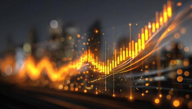 Abstract financial data overlay on a city at night