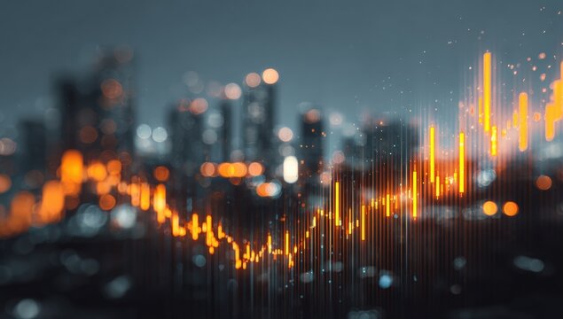 Abstract cityscape with financial data overlay