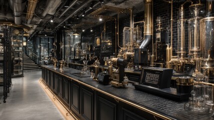 Sophisticated coffee shop interior showcases brass and glass elements with a well-designed counter and an inviting atmosphere, perfect for city dwellers.