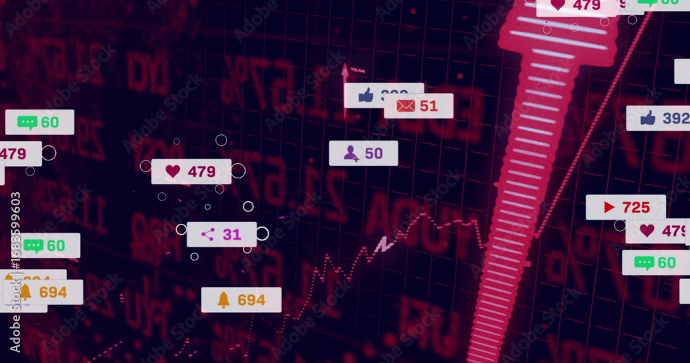 Poster displaying media notification icons and counters on red grid interface with jagged line chart spike