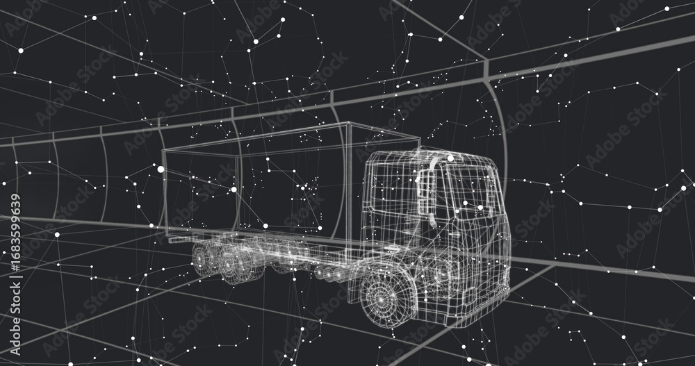 Poster displaying 3d wireframe semi-trailer truck floating in virtual space, with grid and node network
