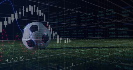 Resting soccer ball displaying candlestick chart and line graph overlays on grass field, copy space