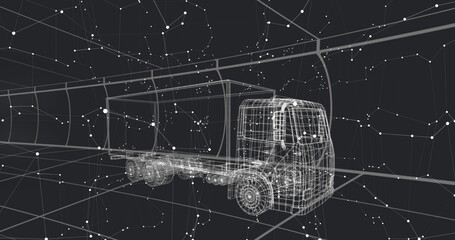 Displaying 3D wireframe semi-trailer truck floating in virtual space, with grid and node network