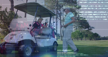 Sitting couple wearing polos in golf cart with man standing holding club on fairway code overlays