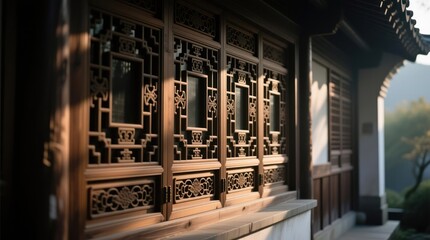 Ornate wooden panels, carved with intricate patterns, form a window wall of a traditional Asian building. Sunlight casts shadows through the decorative latticework