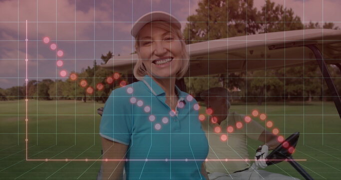 Smiling mature female golfer holding club on lush fairway, with golf cart, translucent grid overlay