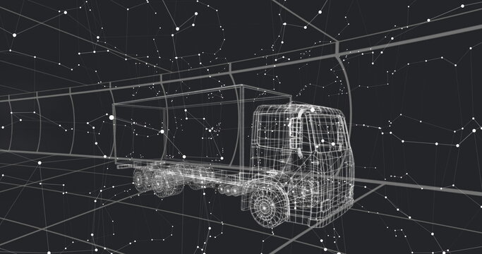 Fototapeta Displaying 3D wireframe semi-trailer truck floating in virtual space, with grid and node network