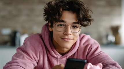 Smiling teenager with glasses uses a smartphone app managing savings and learning about finance with a piggy bank nearby