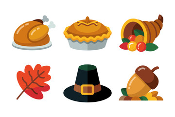 Thanksgiving icons set, roasted turkey and pie, cornucopia with fruits, autumn leaves, pilgrim hat, harvest celebration elements, vector illustration collection