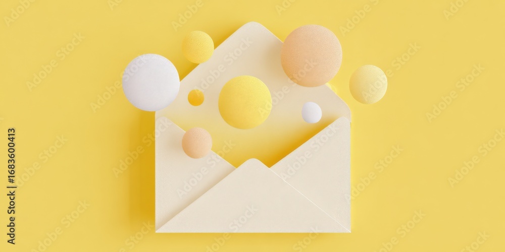 Aufkleber digital communication concept with floating spheres emanating from an opened envelope on a yellow ba