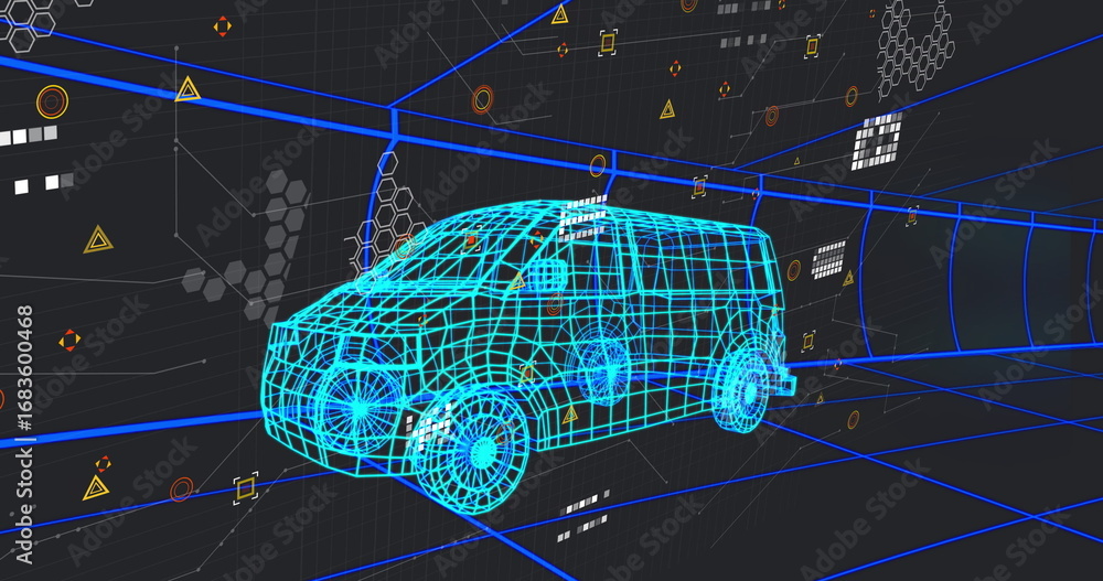 Poster gliding wireframe van traveling through data tunnel, with grid lines and floating geometric icons