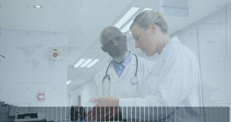 Two doctors examining test tube rack in hospital corridor near nursing station, with stethoscope