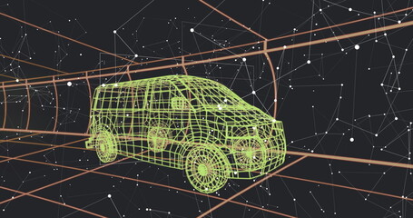 Floating green wireframe van model rotating within orange grid tunnel, with white network nodes