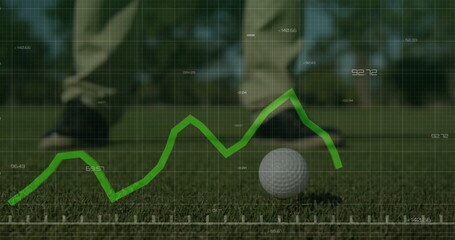 Displaying numeric graph, grid overlay over white golf ball on tee and golf shoes on green