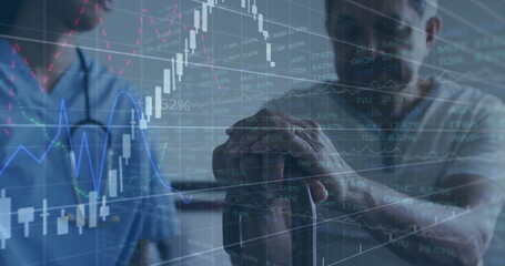 Leaning older man holding walker in clinic, with nurse in scrubs, stethoscope and financial overlay