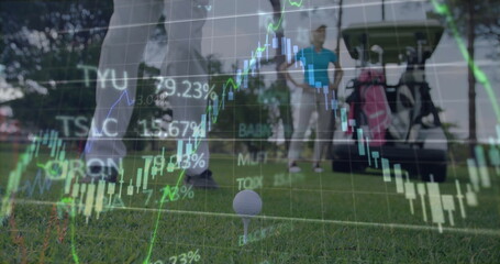Balancing golf ball on tee at fairway, golfer wearing polo shirt swinging club with stock overlay