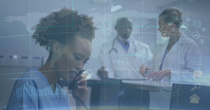 Speaking nurse in blue scrubs using desk phone at nursing station with digital overlay, copy space