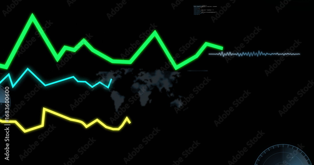 Poster displaying dashboard on monitor screen, with neon line graphs, world map, radar ui, code snippet