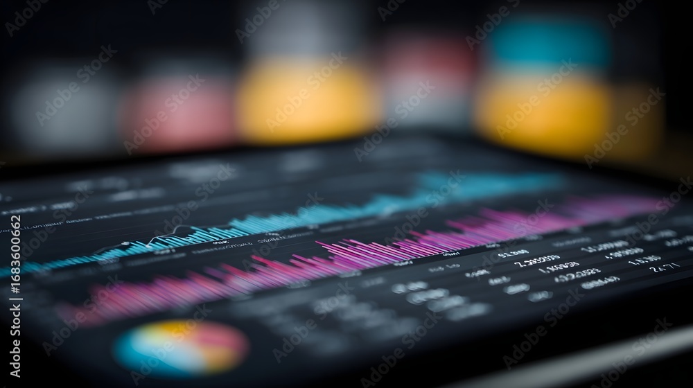 Poster close up of a digital tablet displaying financial data charts and graphs with vibrant blue and pink 