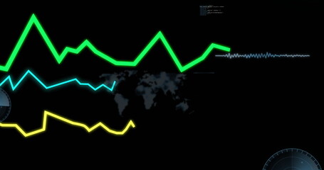 Displaying dashboard on monitor screen, with neon line graphs, world map, radar UI, code snippet