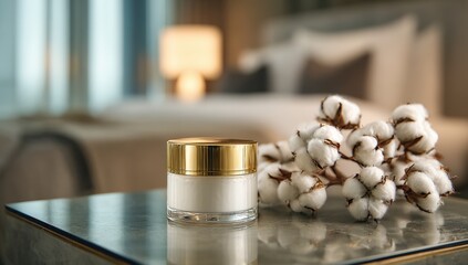 A jar of cream sits on a glass table in a bedroom setting