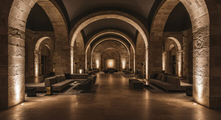 An empty, high-end boutique hotel lobby featuring bold architectural arches, natural stone textures, and minimalist furniture under dramatic, sculptural, lighting