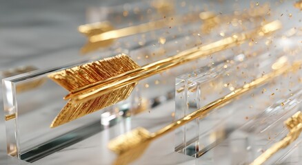 Golden arrows within clear blocks on a marble surface