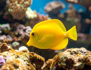 A vibrant yellow fish swims amidst a coral reef, showcasing a striking contrast against the blurred underwater backdrop.
