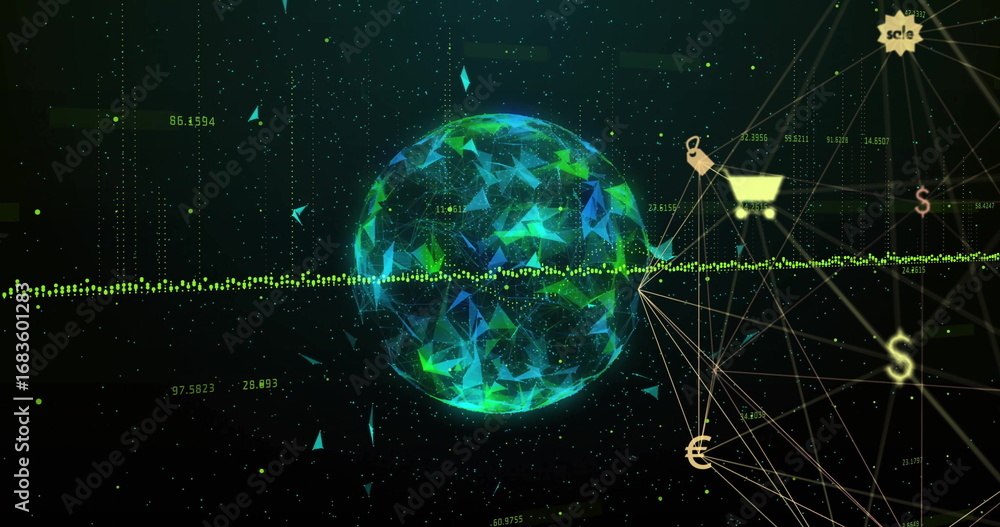 Poster floating polygonal globe streaming green data points in virtual network, with currency symbols